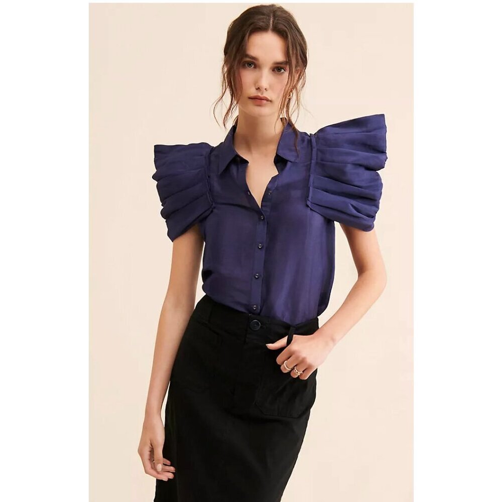 Anthropologie Aureta Studio Stella Pleated-Sleeve Blouse Size Extra Small Navy